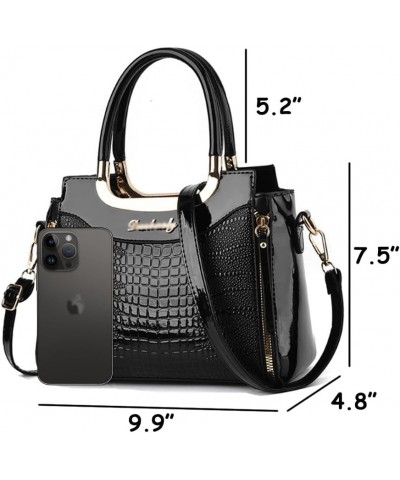 Glossy Patent Leather Handbags Purses for Women Satchel Crocodile Pattern Top Handle Handbag Ladies Shoulder Bag Black $36.62...