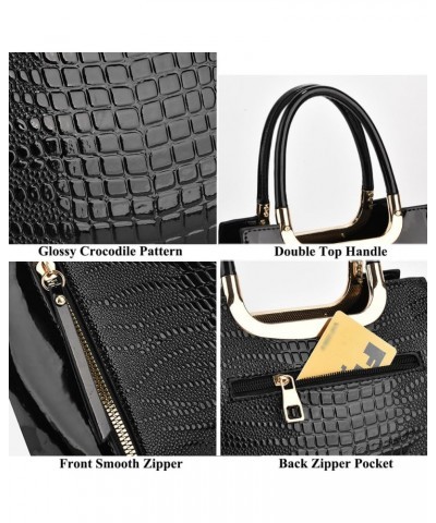 Glossy Patent Leather Handbags Purses for Women Satchel Crocodile Pattern Top Handle Handbag Ladies Shoulder Bag Black $36.62...