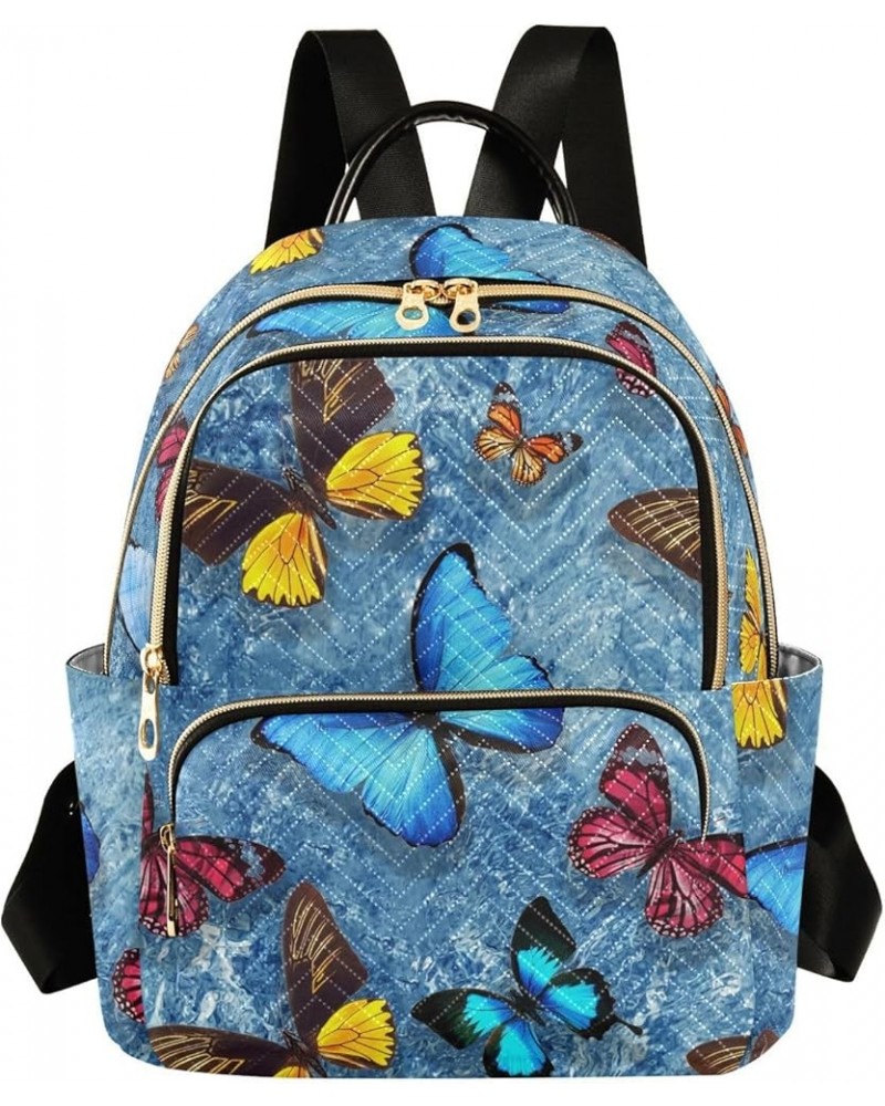 Colorful Butterflies Flying Blue Mini Backpack Purse for Women Travel Bag Fashion Daypack Back Pack Shoulder Bag Multicolor S...