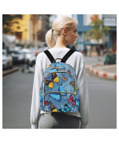 Colorful Butterflies Flying Blue Mini Backpack Purse for Women Travel Bag Fashion Daypack Back Pack Shoulder Bag Multicolor S...