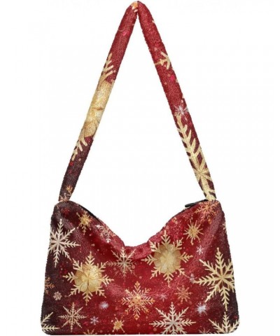 Christmas Gold Snowflakes Red Furry Tote Bag for Women Crossbody Bag Casual Shoulder Handbags Hobo Bags with Zipper for Women...