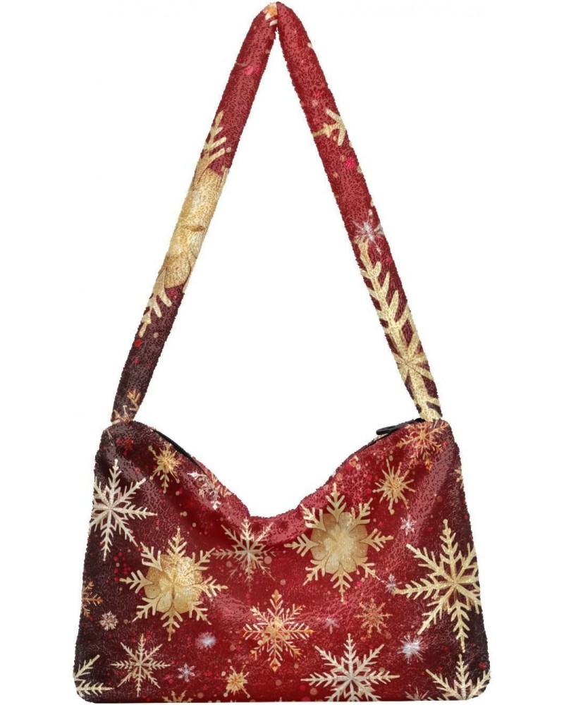 Christmas Gold Snowflakes Red Furry Tote Bag for Women Crossbody Bag Casual Shoulder Handbags Hobo Bags with Zipper for Women...