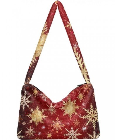 Christmas Gold Snowflakes Red Furry Tote Bag for Women Crossbody Bag Casual Shoulder Handbags Hobo Bags with Zipper for Women...