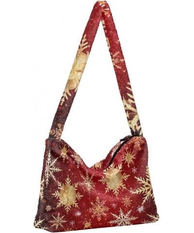 Christmas Gold Snowflakes Red Furry Tote Bag for Women Crossbody Bag Casual Shoulder Handbags Hobo Bags with Zipper for Women...