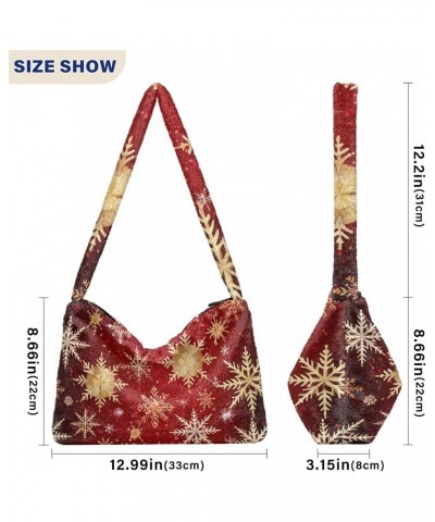 Christmas Gold Snowflakes Red Furry Tote Bag for Women Crossbody Bag Casual Shoulder Handbags Hobo Bags with Zipper for Women...