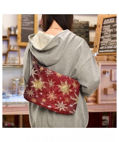 Christmas Gold Snowflakes Red Furry Tote Bag for Women Crossbody Bag Casual Shoulder Handbags Hobo Bags with Zipper for Women...