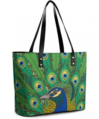 Womens Handbag Green Peacock Feather Leather Tote Bag Top Handle Satchel Bags For Lady $18.54 Totes