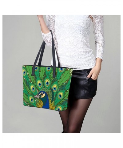 Womens Handbag Green Peacock Feather Leather Tote Bag Top Handle Satchel Bags For Lady $18.54 Totes