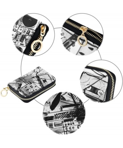 Seamless Dinosaurs with Palm Leaves Black White PatternGrey Credit Card Coin wallet, RFID Blocking Compact Women Leather Card...