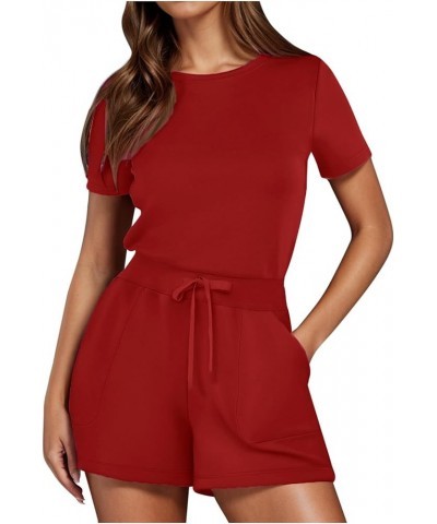 Lace Jumpsuits for Women Elegant Jumpsuit With 4 Pockets Jumpsuits for Women Ruffle Red 2➤➤ Womens Rompers 2024 Summer $12.79...