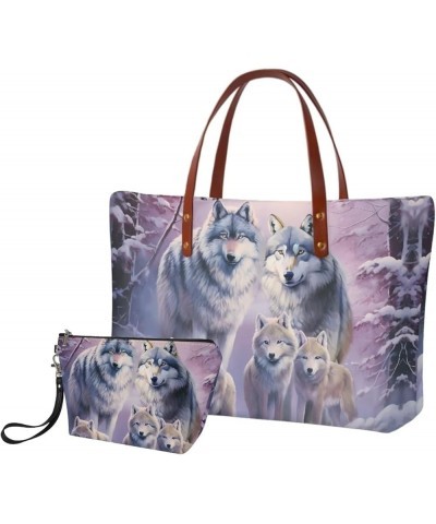 2PCS Top Handle Purse with Matching Wallet, Large Light Shoulder Hobo Bag Purse Tote Bag with PU Cosmetic Case 3d Wolf-purple...