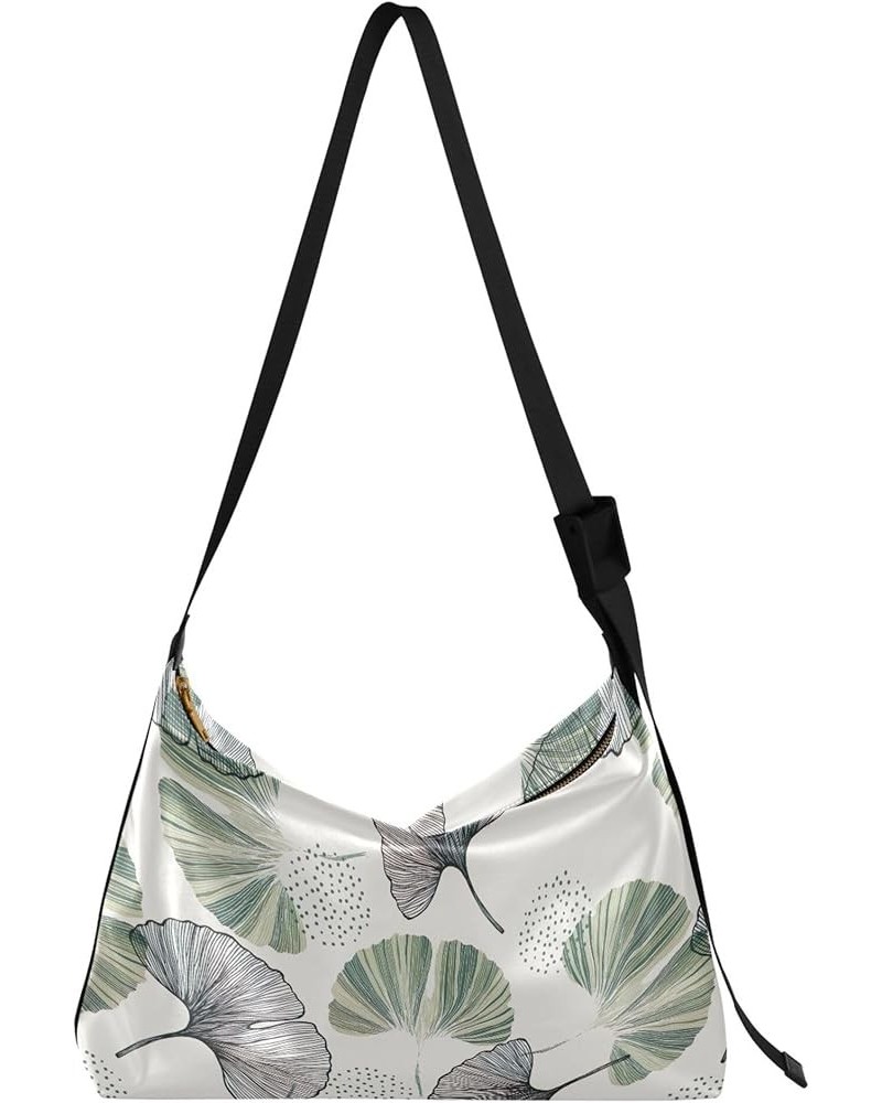 Art Tropical Leaves Leather Shoulder Purse Hobo Large Cross Body Purses Designer Leaf Print Women Hobo Purse Gingko Leaf Gree...