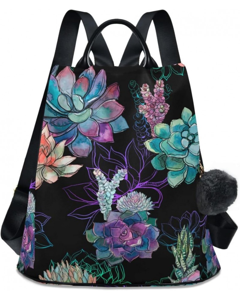 Succulents on Black Background Backpack Purse for Women Travel Casual Daypack College Bookbag Work Business Ladies Shoulder B...