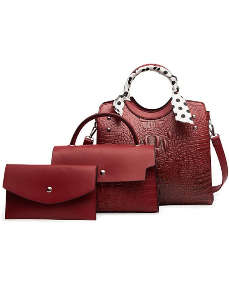 Women Retro Round Handle Bag Crocodile Pattern Shoulder Crossbody Bags 3pcs Red $36.48 Totes