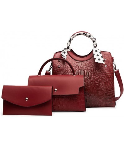 Women Retro Round Handle Bag Crocodile Pattern Shoulder Crossbody Bags 3pcs Red $36.48 Totes