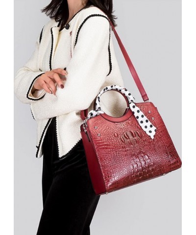 Women Retro Round Handle Bag Crocodile Pattern Shoulder Crossbody Bags 3pcs Red $36.48 Totes