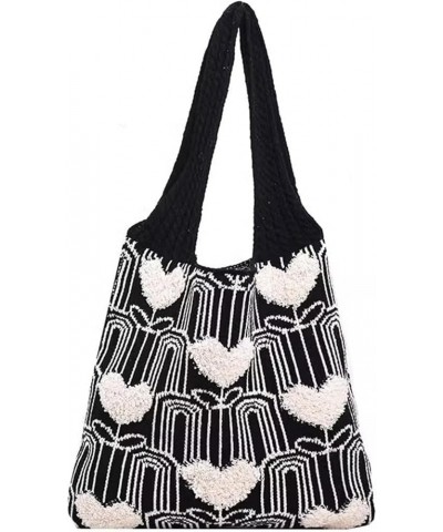 Heart Print Knitted Tote Bag Women Crochet Hobo Shoulder Bag Y2k Aesthetic Heart Pattern Knit Beach Handbag (Black) Black $22...