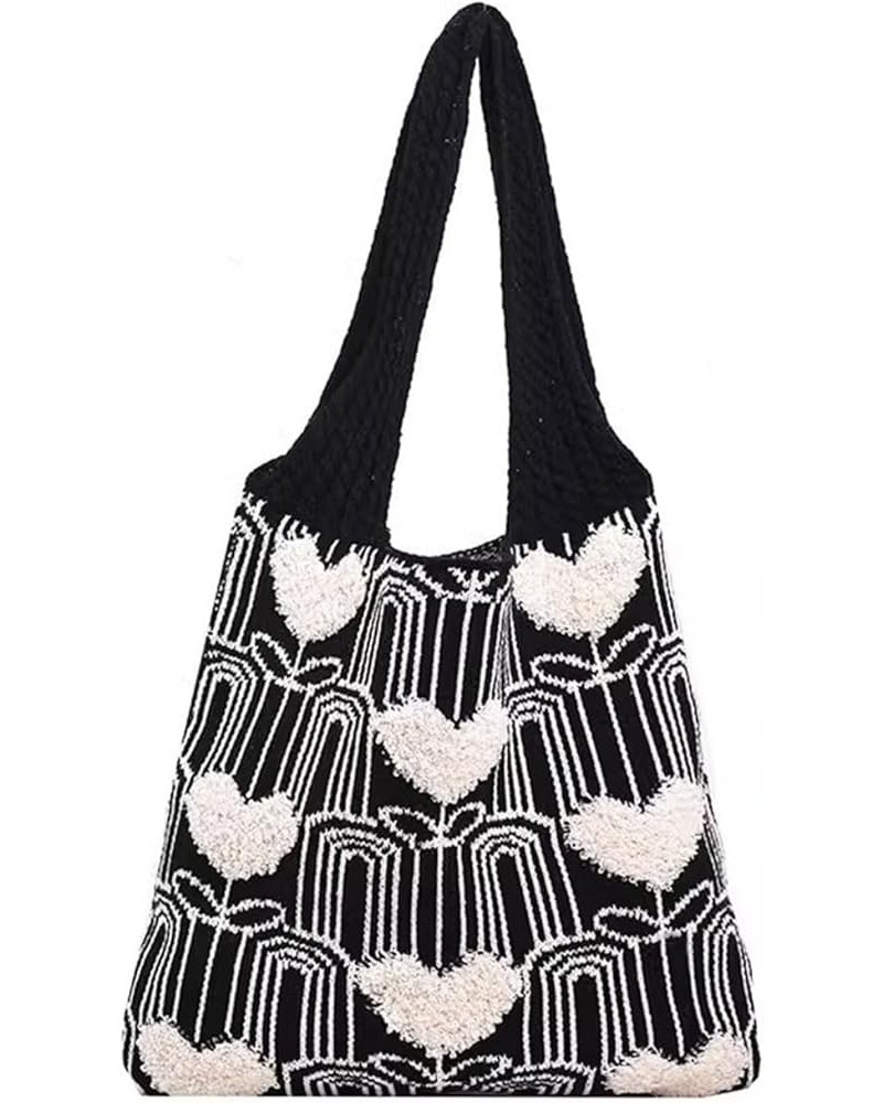 Heart Print Knitted Tote Bag Women Crochet Hobo Shoulder Bag Y2k Aesthetic Heart Pattern Knit Beach Handbag (Black) Black $22...