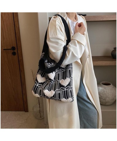 Heart Print Knitted Tote Bag Women Crochet Hobo Shoulder Bag Y2k Aesthetic Heart Pattern Knit Beach Handbag (Black) Black $22...