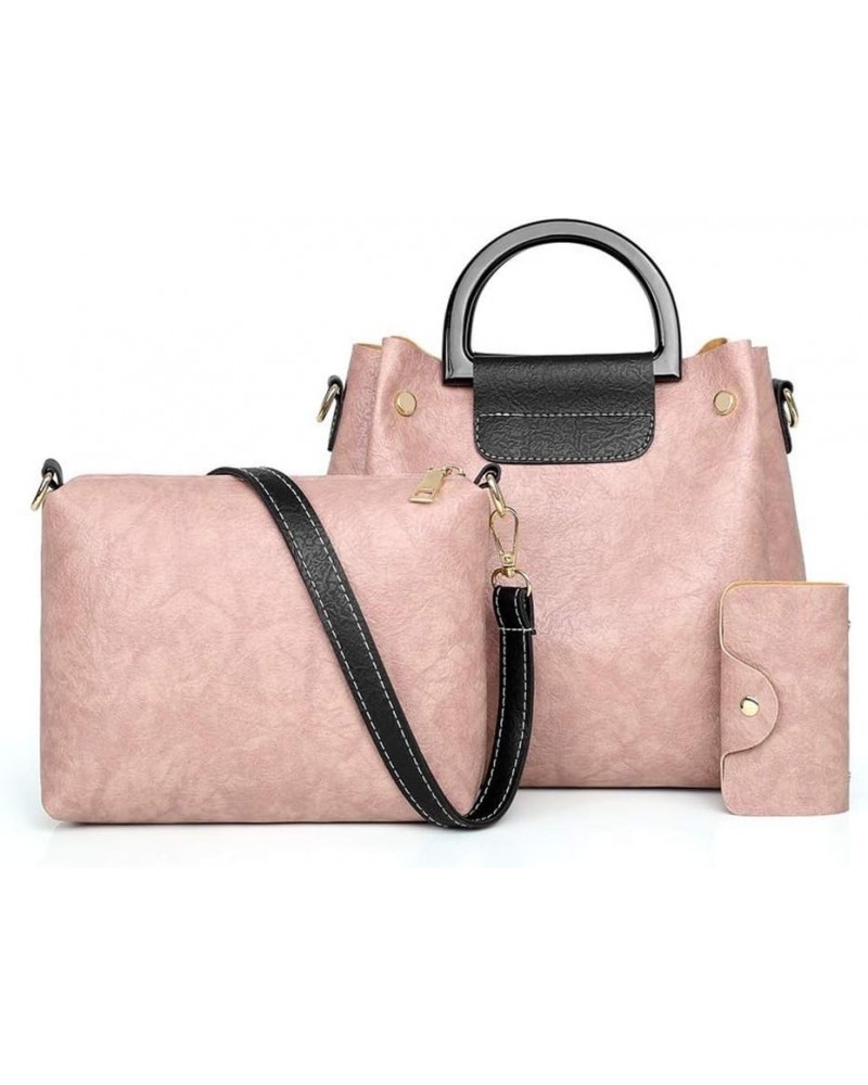 Women's Three-piece Set Package Iron Bracelet Leather Pattern One-shoulder Diagonal Bag Pink $28.90 Handbags