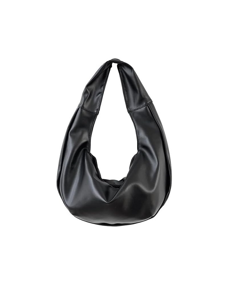 Women's Oily Wax Leather Half Moon bag Soft Dumpling bag Underarm bag Black $23.84 Shoulder Bags