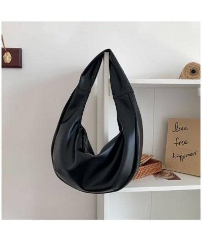 Women's Oily Wax Leather Half Moon bag Soft Dumpling bag Underarm bag Black $23.84 Shoulder Bags