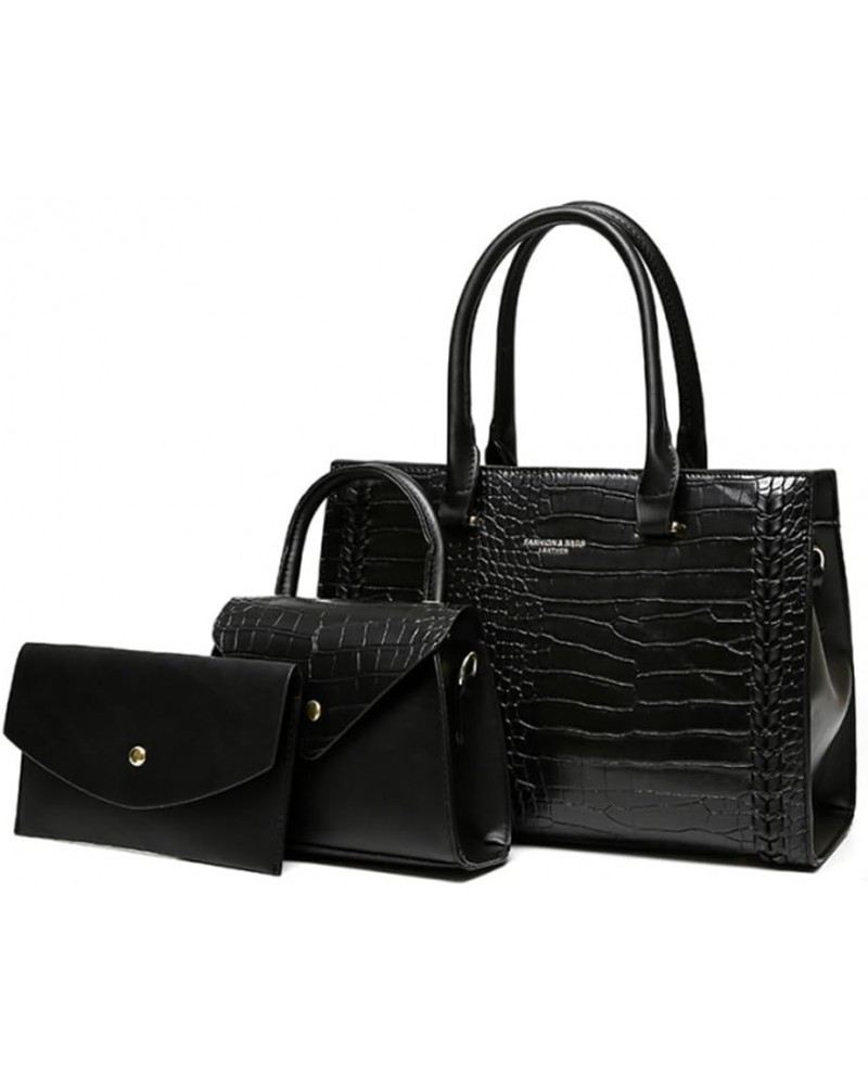 Women Crocodile Pattern Handbag Satchel Purse 3pcs PU Tote Crossbody Bag Clutch Wallet Black $20.51 Totes