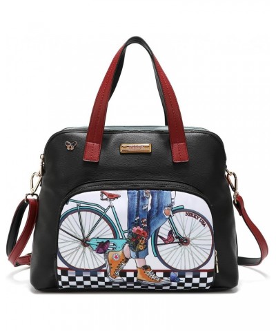 Nikky Nylon Step by Step Dome Satchel Handbag with2 Zip Compartments, Bicycle Checker Fashion Print, Medium $28.29 Satchels