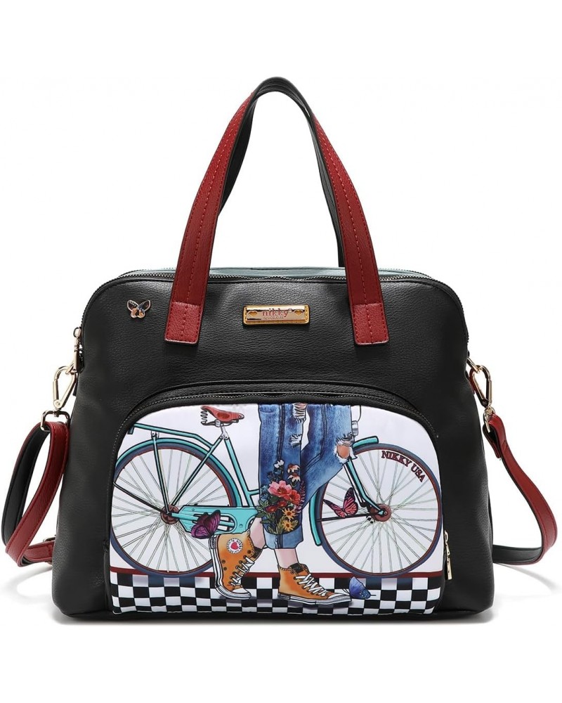 Nikky Nylon Step by Step Dome Satchel Handbag with2 Zip Compartments, Bicycle Checker Fashion Print, Medium $28.29 Satchels