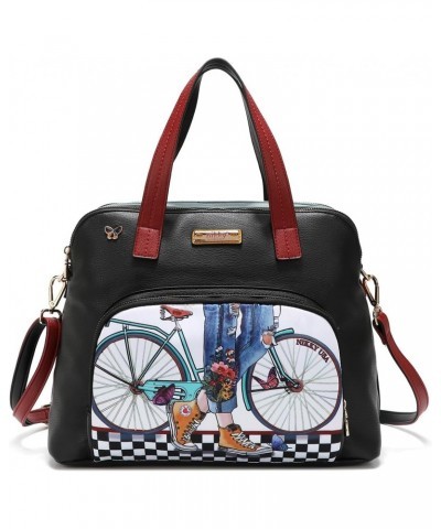 Nikky Nylon Step by Step Dome Satchel Handbag with2 Zip Compartments, Bicycle Checker Fashion Print, Medium $28.29 Satchels