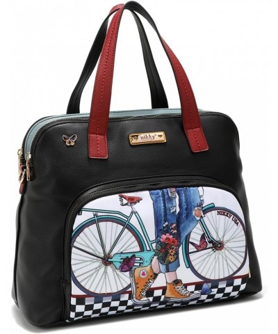 Nikky Nylon Step by Step Dome Satchel Handbag with2 Zip Compartments, Bicycle Checker Fashion Print, Medium $28.29 Satchels