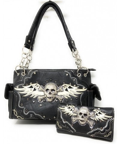 Women's Embroidered Metal Skull With Wings Purse Handbag and Wallet set Black Skull Set $27.53 Shoulder Bags