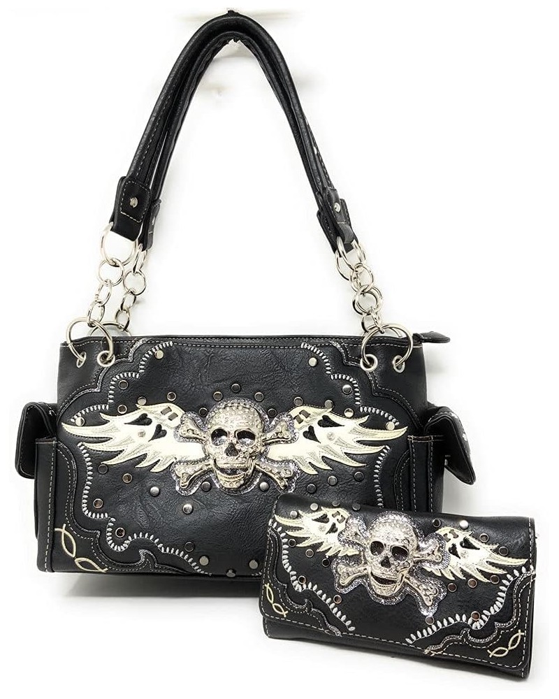 Women's Embroidered Metal Skull With Wings Purse Handbag and Wallet set Black Skull Set $27.53 Shoulder Bags