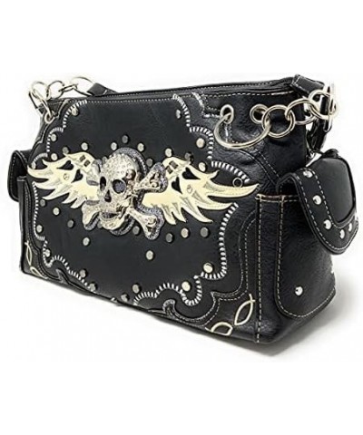 Women's Embroidered Metal Skull With Wings Purse Handbag and Wallet set Black Skull Set $27.53 Shoulder Bags