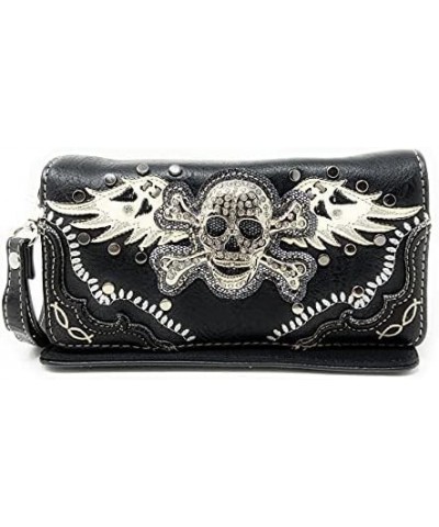 Women's Embroidered Metal Skull With Wings Purse Handbag and Wallet set Black Skull Set $27.53 Shoulder Bags