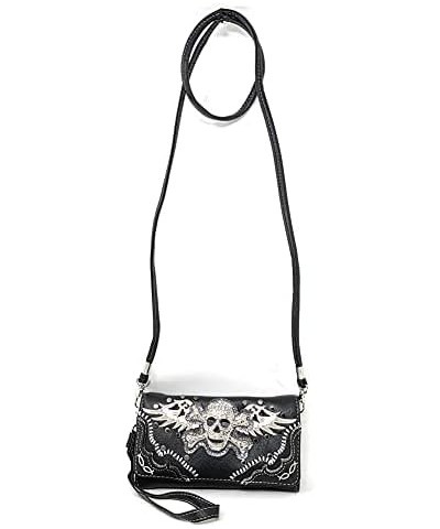 Women's Embroidered Metal Skull With Wings Purse Handbag and Wallet set Black Skull Set $27.53 Shoulder Bags