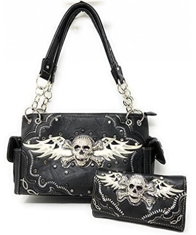 Women's Embroidered Metal Skull With Wings Purse Handbag and Wallet set Black Skull Set $27.53 Shoulder Bags