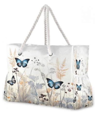 Doodle Blue Butterfly & Botanical Pattern Beach Bag, Large Beach Bag with Zipper and Wet Pocket, Lightweight and Waterproof f...