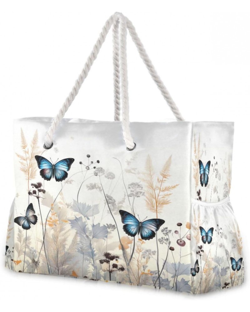 Doodle Blue Butterfly & Botanical Pattern Beach Bag, Large Beach Bag with Zipper and Wet Pocket, Lightweight and Waterproof f...