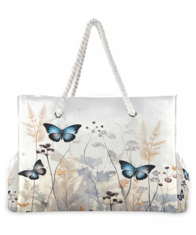 Doodle Blue Butterfly & Botanical Pattern Beach Bag, Large Beach Bag with Zipper and Wet Pocket, Lightweight and Waterproof f...