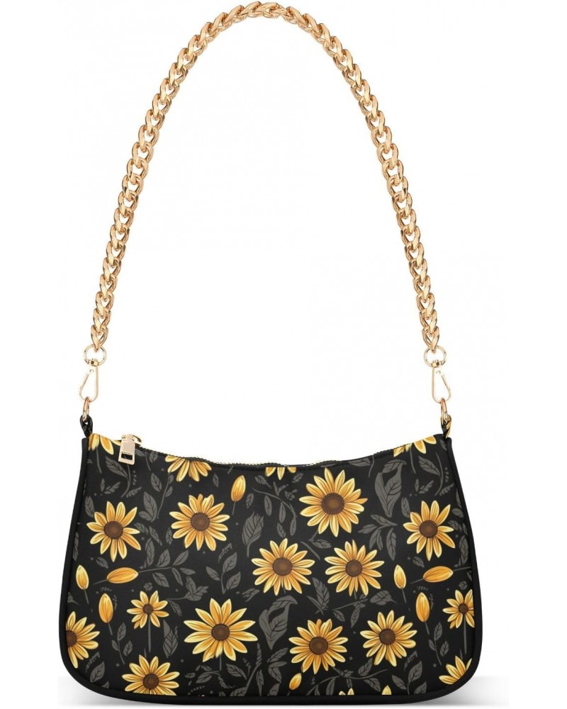 Floral Sunflower Pattern Clutch Shoulder Bag for Women, Hobo Tote Handbag with Gold Chain, Crossbody Bag with Zipper Closure ...