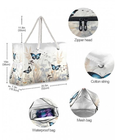 Doodle Blue Butterfly & Botanical Pattern Beach Bag, Large Beach Bag with Zipper and Wet Pocket, Lightweight and Waterproof f...