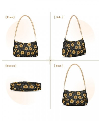 Floral Sunflower Pattern Clutch Shoulder Bag for Women, Hobo Tote Handbag with Gold Chain, Crossbody Bag with Zipper Closure ...