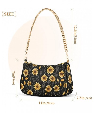 Floral Sunflower Pattern Clutch Shoulder Bag for Women, Hobo Tote Handbag with Gold Chain, Crossbody Bag with Zipper Closure ...