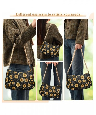 Floral Sunflower Pattern Clutch Shoulder Bag for Women, Hobo Tote Handbag with Gold Chain, Crossbody Bag with Zipper Closure ...