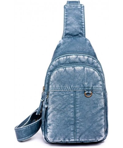 Washed Leather Chest Bag for Women Sling Handbag Casual Daypack Small Backpack Blue $16.50 Crossbody Bags