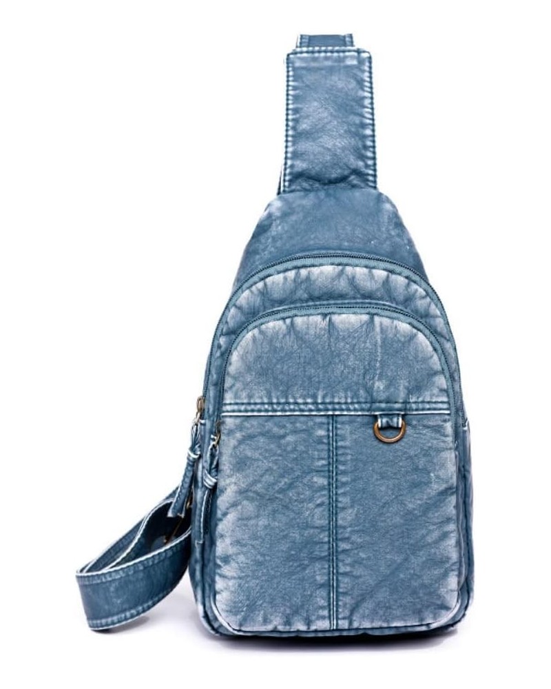 Washed Leather Chest Bag for Women Sling Handbag Casual Daypack Small Backpack Blue $16.50 Crossbody Bags