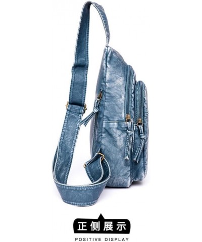 Washed Leather Chest Bag for Women Sling Handbag Casual Daypack Small Backpack Blue $16.50 Crossbody Bags