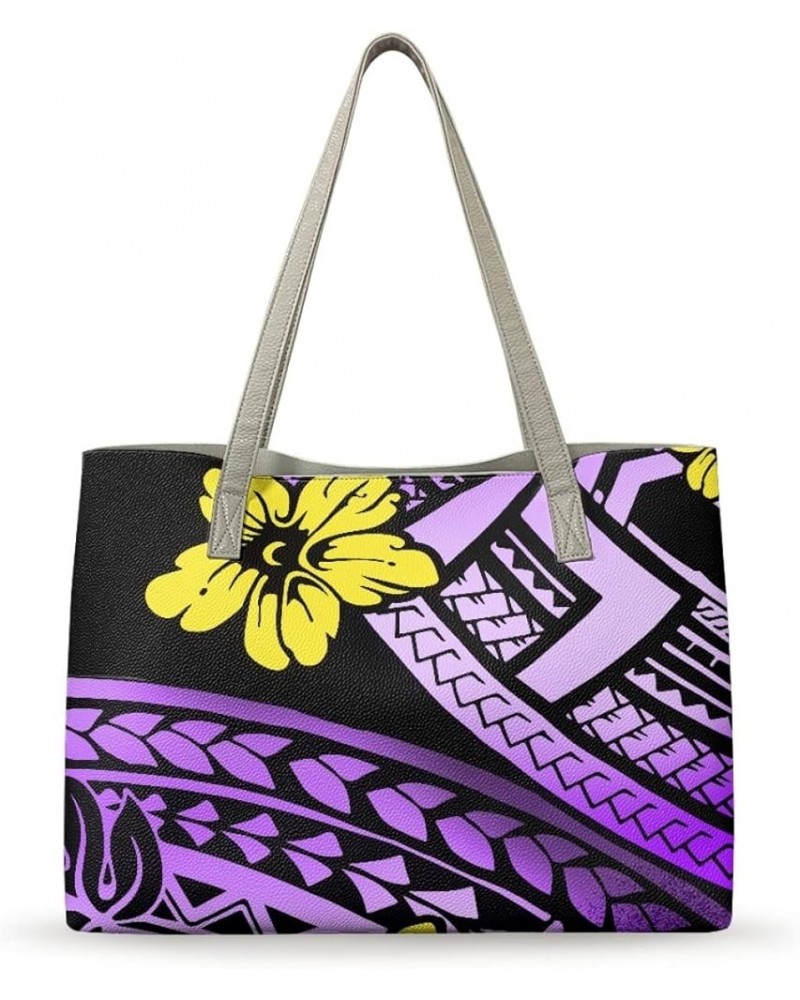 Top Handle Handbags for Women Polynesian Tribal Print Large PU Leather Tote Shoulder Bags Purple Polynesian Flower $25.84 Totes