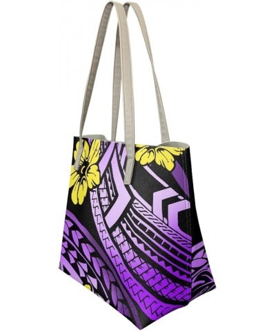 Top Handle Handbags for Women Polynesian Tribal Print Large PU Leather Tote Shoulder Bags Purple Polynesian Flower $25.84 Totes